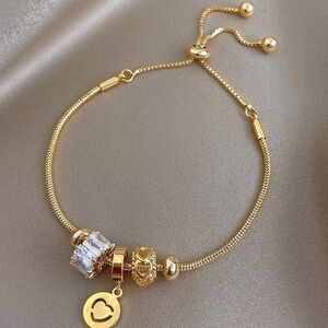 Gold Charm Bead Bracelet with Adjustable Slider | Heart & Crystal Accents 3/$30